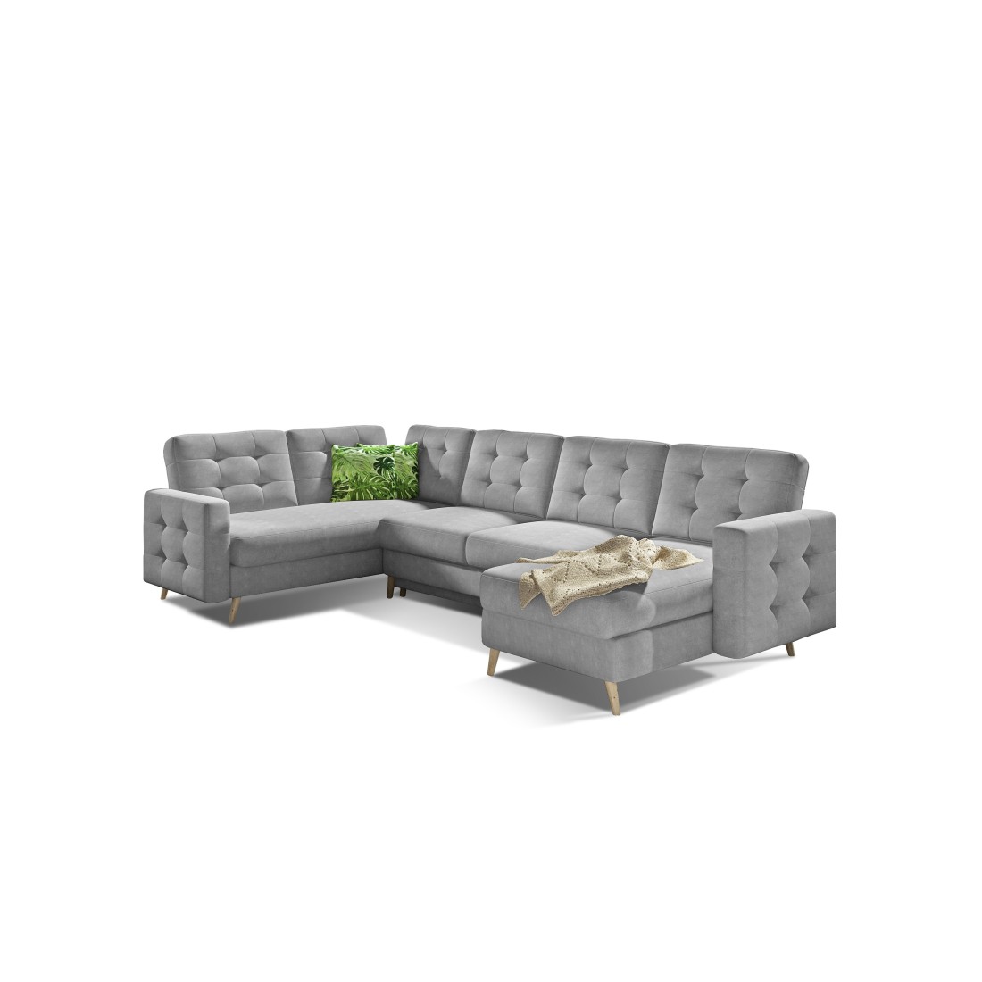 Canapé d’angle panoramique convertible HASGARD U 326 cm gris clair avec coffre 