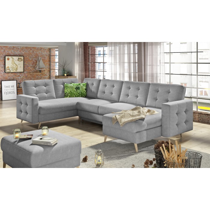 Canapé d’angle panoramique convertible HASGARD U 326 cm gris clair avec coffre 