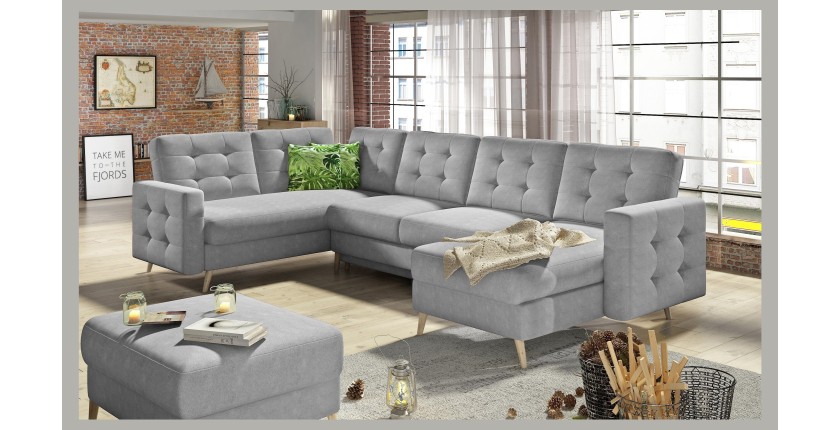 Canapé d’angle panoramique convertible HASGARD U 326 cm gris clair avec coffre 