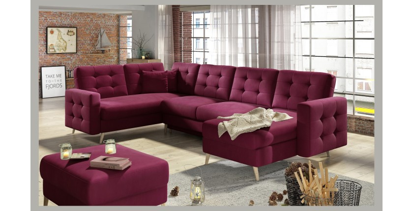 Canapé d’angle panoramique convertible HASGARD U 326 cm pourpre avec coffre 