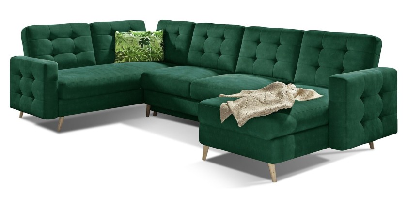 Canapé d’angle panoramique convertible HASGARD U 326 cm vert émeraude avec coffre 