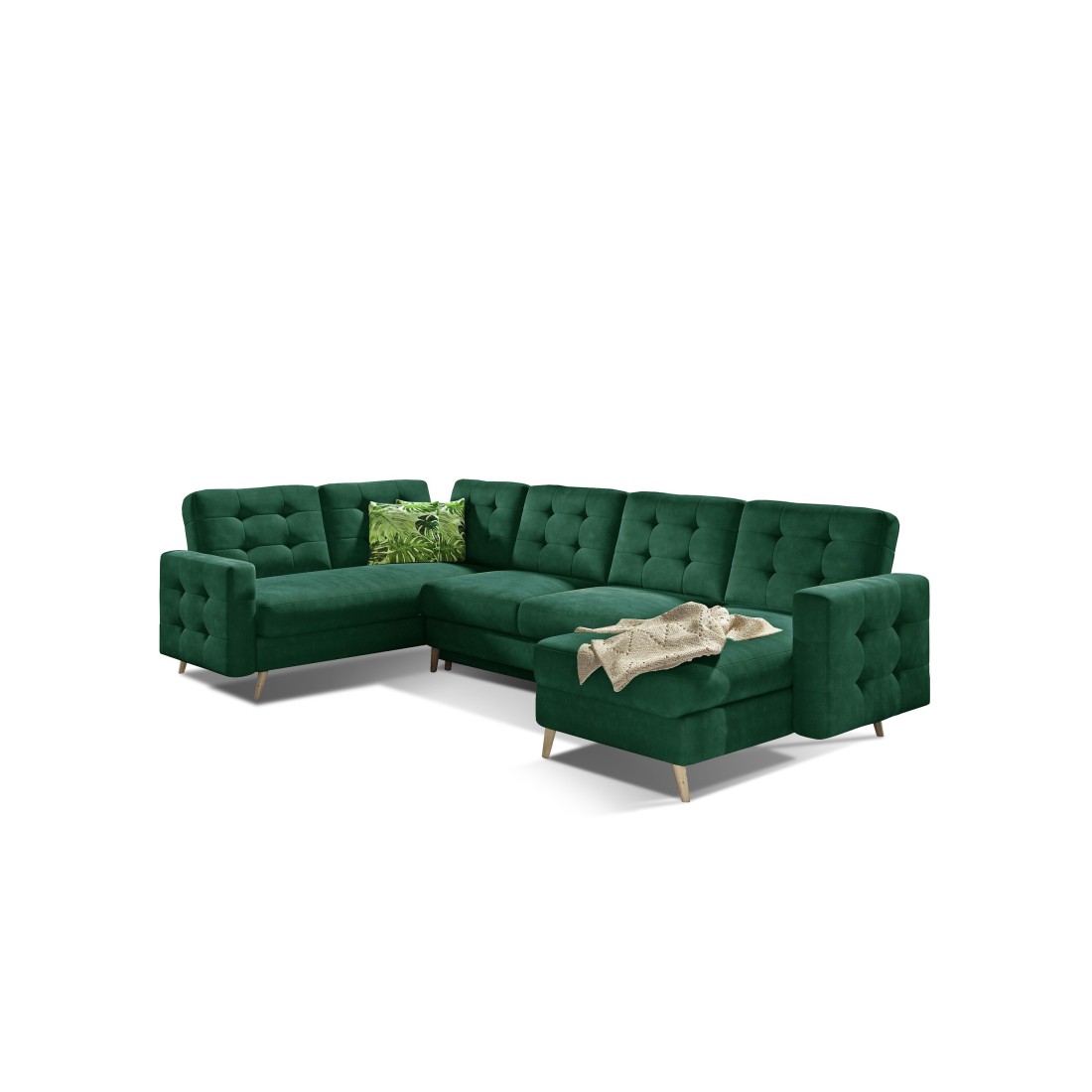Canapé d’angle panoramique convertible HASGARD U 326 cm vert émeraude avec coffre 