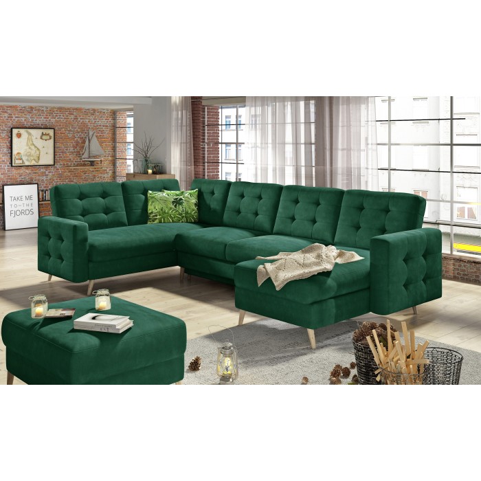 Canapé d’angle panoramique convertible HASGARD U 326 cm vert émeraude avec coffre 