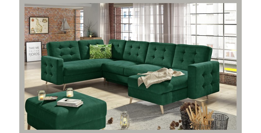 Canapé d’angle panoramique convertible HASGARD U 326 cm vert émeraude avec coffre 