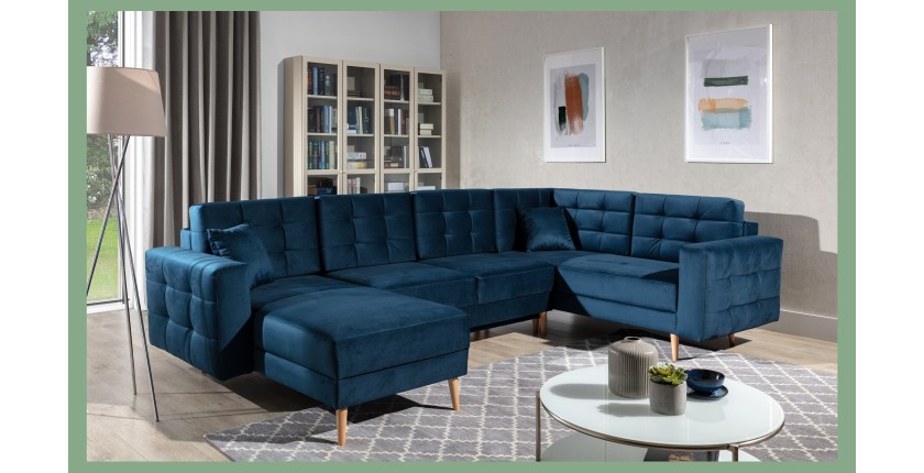 Canapé d’angle panoramique convertible HASGARD U 326x202 cm bleu pétrole velours 
