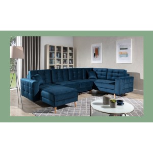 Canapé d’angle panoramique convertible HASGARD U 326x202 cm bleu pétrole velours 