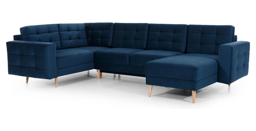 Canapé d’angle panoramique convertible HASGARD U 326x202 cm bleu pétrole velours 