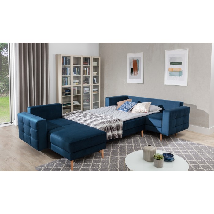 Canapé d’angle panoramique convertible HASGARD U 326x202 cm bleu pétrole velours 