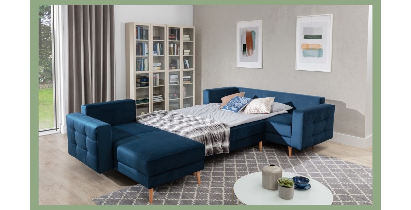 Canapé d’angle panoramique convertible HASGARD U 326x202 cm bleu pétrole velours 