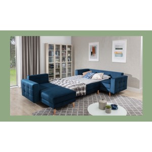 Canapé d’angle panoramique convertible HASGARD U 326x202 cm bleu pétrole velours 