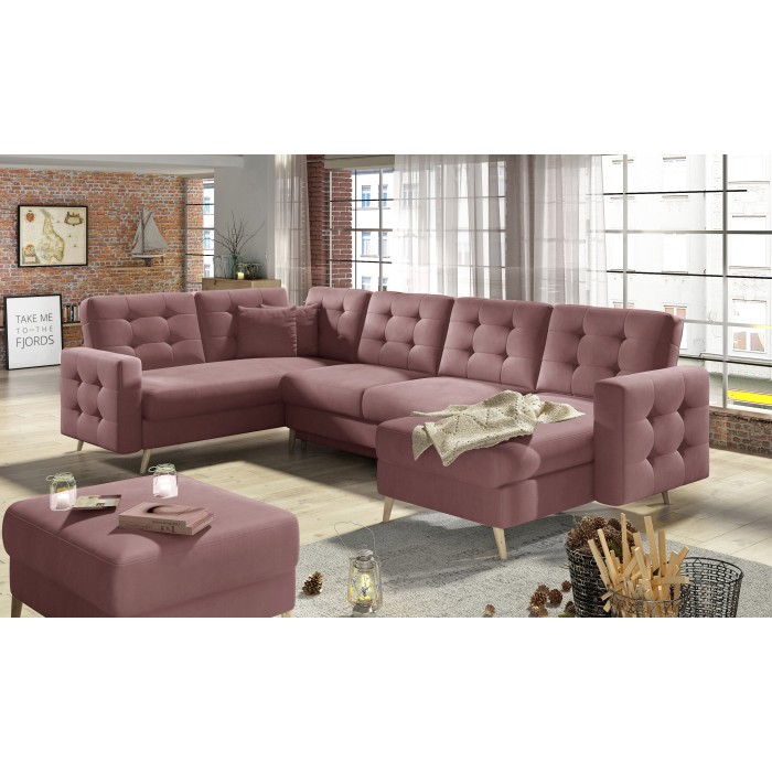 Canapé d’angle panoramique convertible HASGARD U 326x202 cm rose velours 