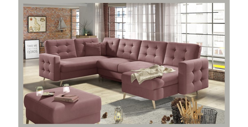 Canapé d’angle panoramique convertible HASGARD U 326x202 cm rose velours 