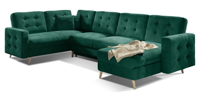 Canapé d’angle panoramique convertible HASGARD U 326x202 cm vert émeraude velours 