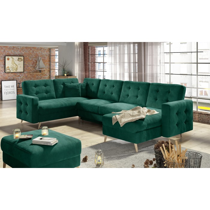 Canapé d’angle panoramique convertible HASGARD U 326x202 cm vert émeraude velours 