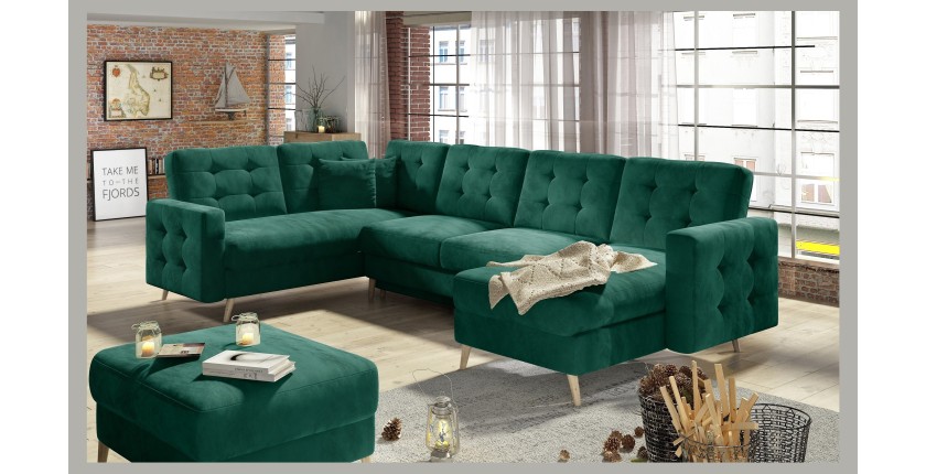Canapé d’angle panoramique convertible HASGARD U 326x202 cm vert émeraude velours 