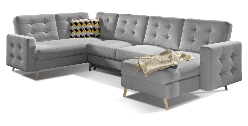 Canapé d’angle panoramique convertible U HASGARD 326 cm gris clair avec coffre 