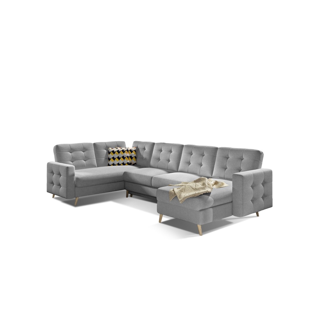 Canapé d’angle panoramique convertible U HASGARD 326 cm gris clair avec coffre 