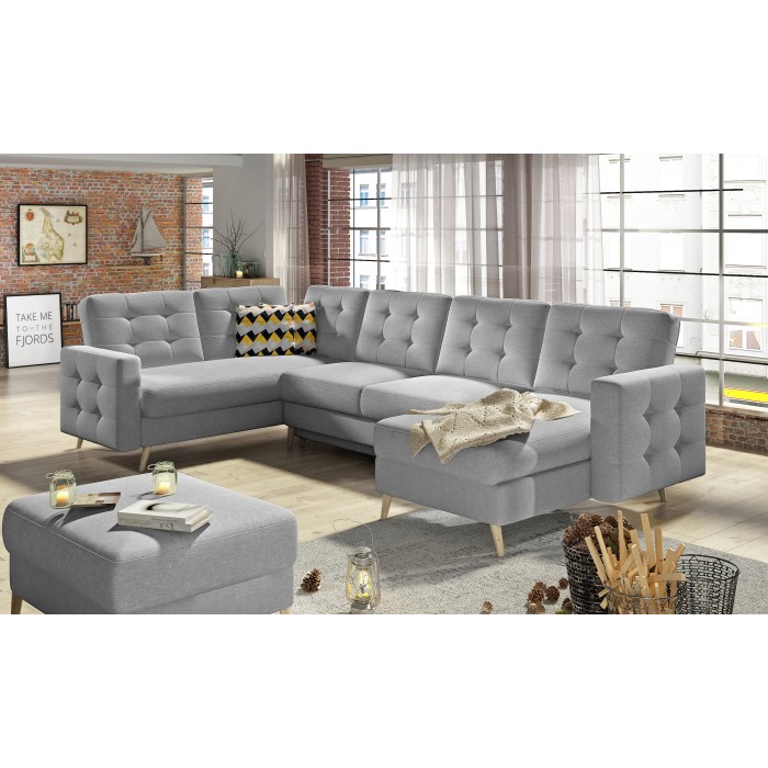 Canapé d’angle panoramique convertible U HASGARD 326 cm gris clair avec coffre 