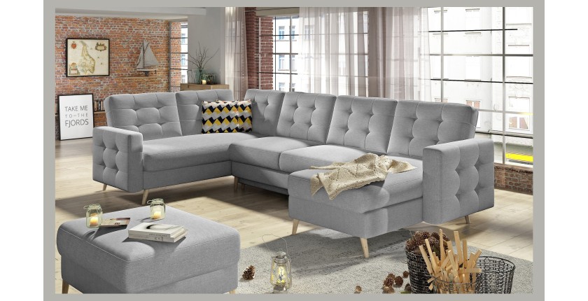 Canapé d’angle panoramique convertible U HASGARD 326 cm gris clair avec coffre 
