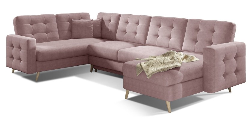 Canapé d’angle panoramique convertible U HASGARD 326 cm rose chenille avec coffre 