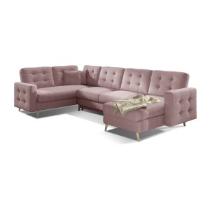 Canapé d’angle panoramique convertible U HASGARD 326 cm rose chenille avec coffre 
