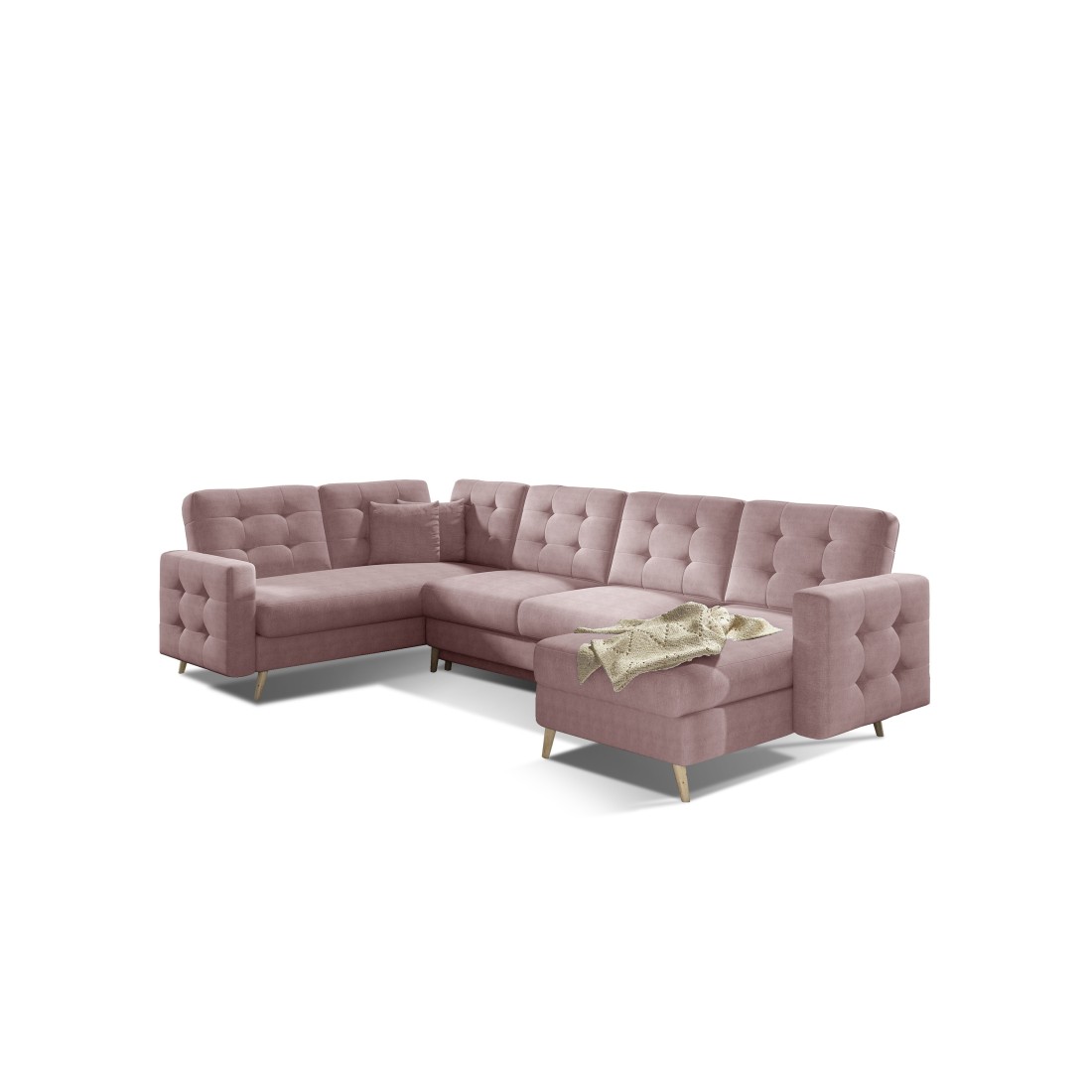 Canapé d’angle panoramique convertible U HASGARD 326 cm rose chenille avec coffre 