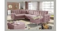Canapé d’angle panoramique convertible U HASGARD 326 cm rose chenille avec coffre 