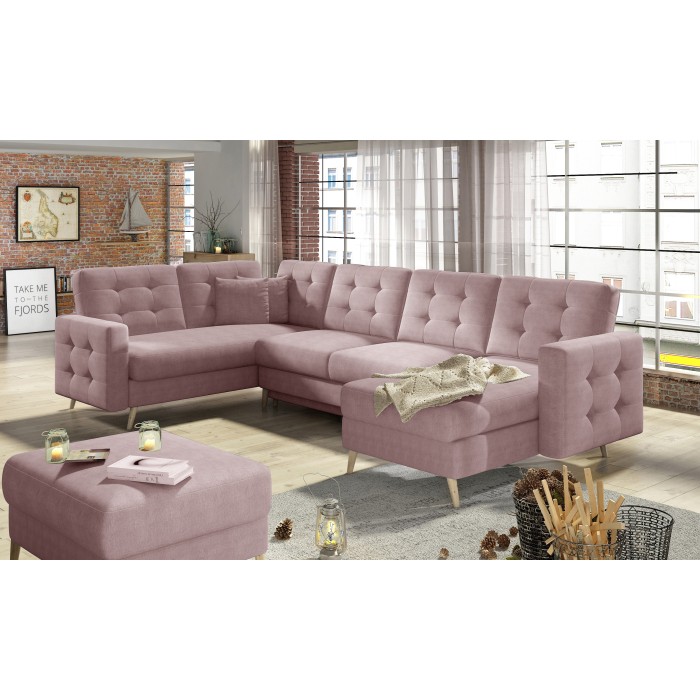 Canapé d’angle panoramique convertible U HASGARD 326 cm rose chenille avec coffre 