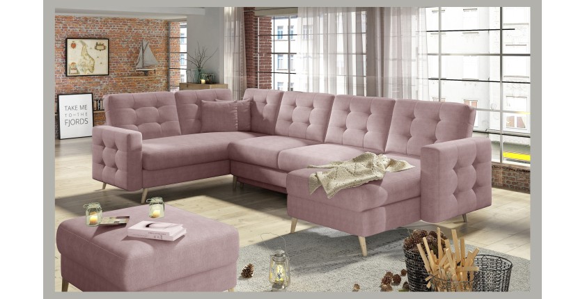 Canapé d’angle panoramique convertible U HASGARD 326 cm rose chenille avec coffre 