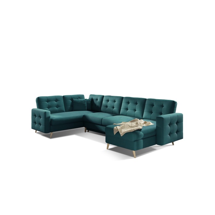 Canapé d’angle panoramique convertible U HASGARD 326 cm vert velours avec coffre 