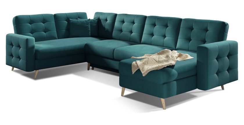 Canapé d’angle panoramique convertible U HASGARD 326 cm vert velours avec coffre 