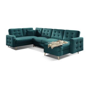 Canapé d’angle panoramique convertible U HASGARD 326 cm vert velours avec coffre 