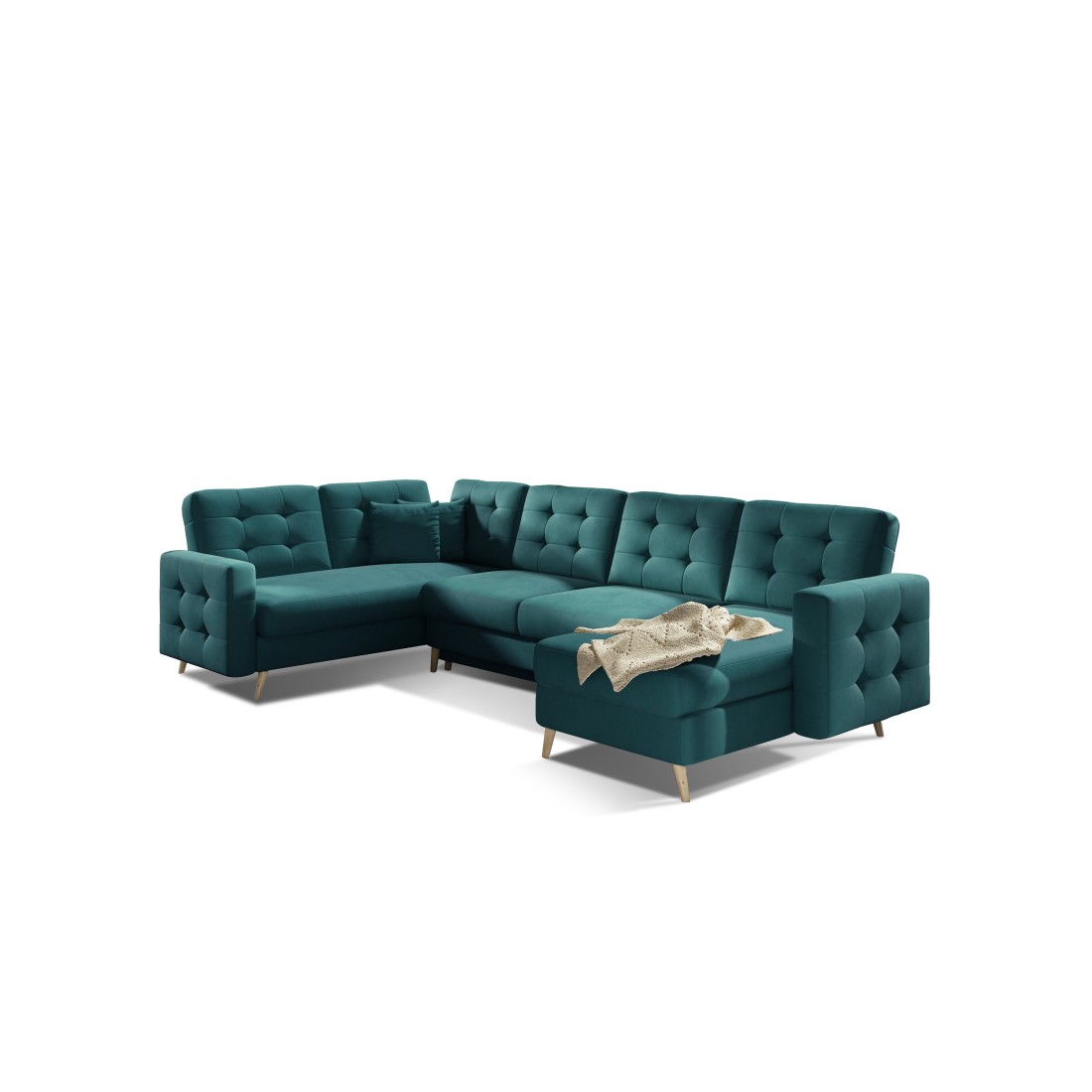Canapé d’angle panoramique convertible U HASGARD 326 cm vert velours avec coffre 