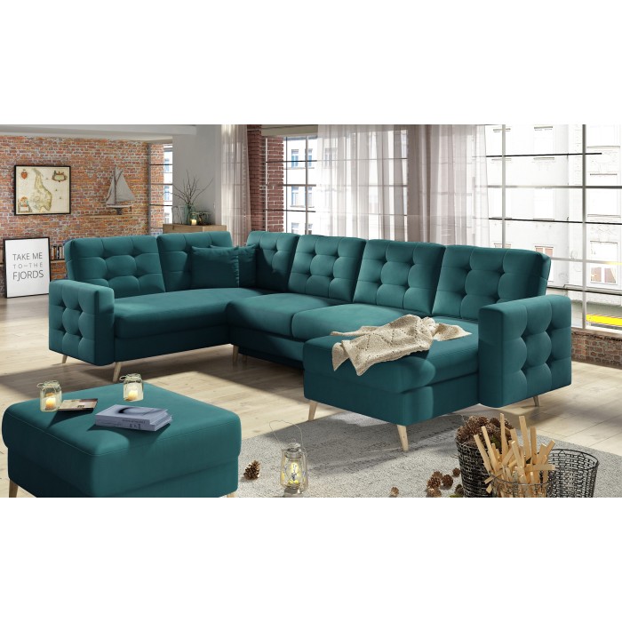 Canapé d’angle panoramique convertible U HASGARD 326 cm vert velours avec coffre 