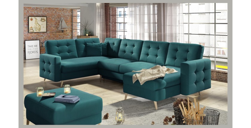 Canapé d’angle panoramique convertible U HASGARD 326 cm vert velours avec coffre 