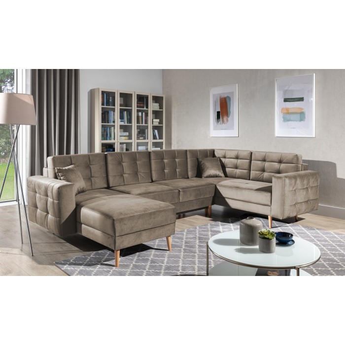 Canapé d’angle panoramique convertible U HASGARD 326 cm marron velours avec coffre 