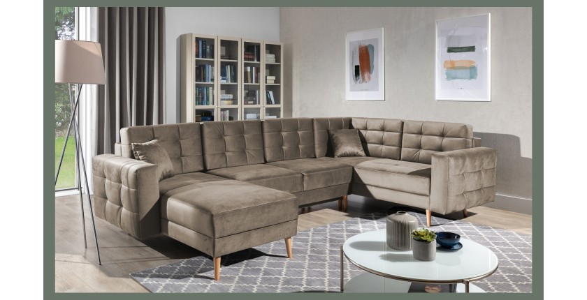 Canapé d’angle panoramique convertible U HASGARD 326 cm marron velours avec coffre 