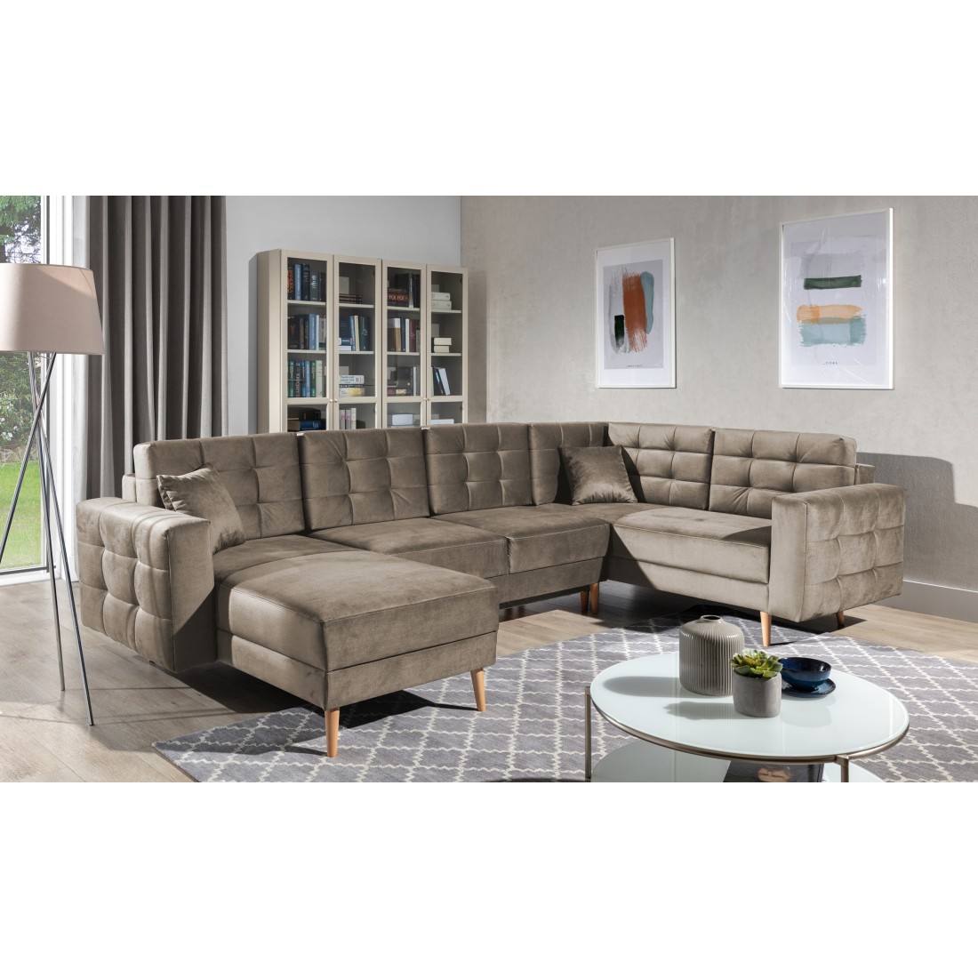 Canapé d’angle panoramique convertible U HASGARD 326 cm marron velours avec coffre 