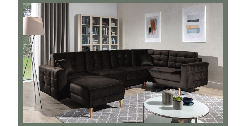 Canapé d’angle panoramique convertible U HASGARD 326 cm marron foncé velours avec coffre 