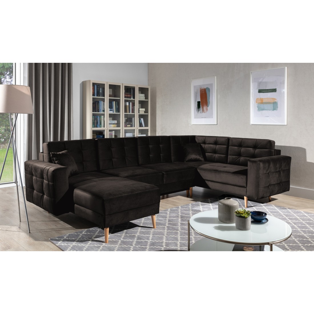 Canapé d’angle panoramique convertible U HASGARD 326 cm marron foncé velours avec coffre 