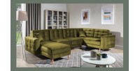 Canapé d’angle panoramique convertible U HASGARD 326 cm vert kaki velours avec coffre 