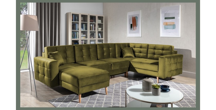 Canapé d’angle panoramique convertible U HASGARD 326 cm vert kaki velours avec coffre 