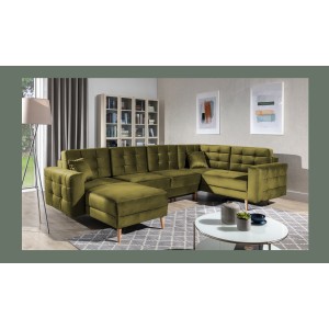 Canapé d’angle panoramique convertible U HASGARD 326 cm vert kaki velours avec coffre 