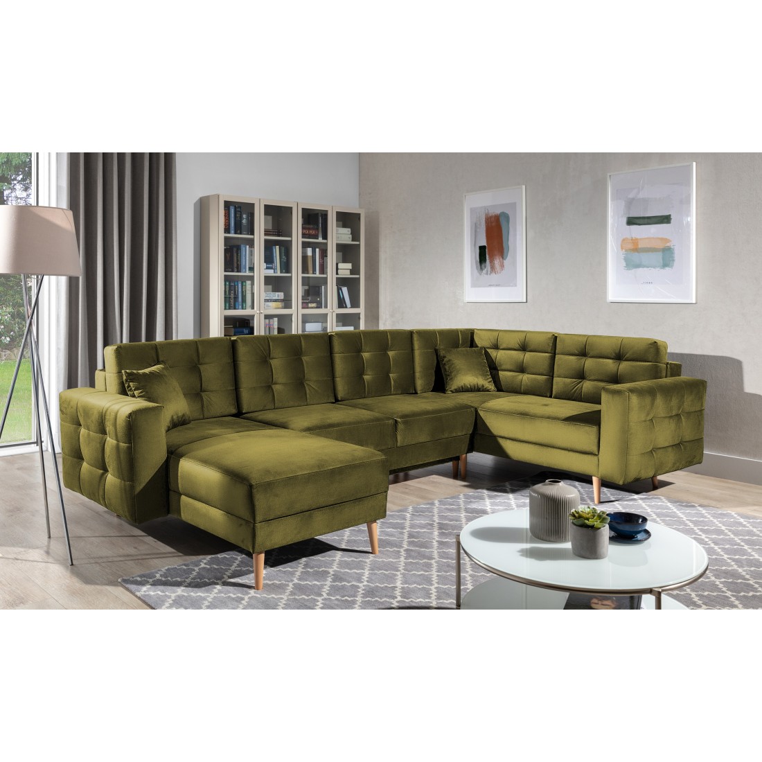 Canapé d’angle panoramique convertible U HASGARD 326 cm vert kaki velours avec coffre 