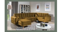 Canapé d’angle panoramique convertible U HASGARD 326 cm jaune velours avec coffre 