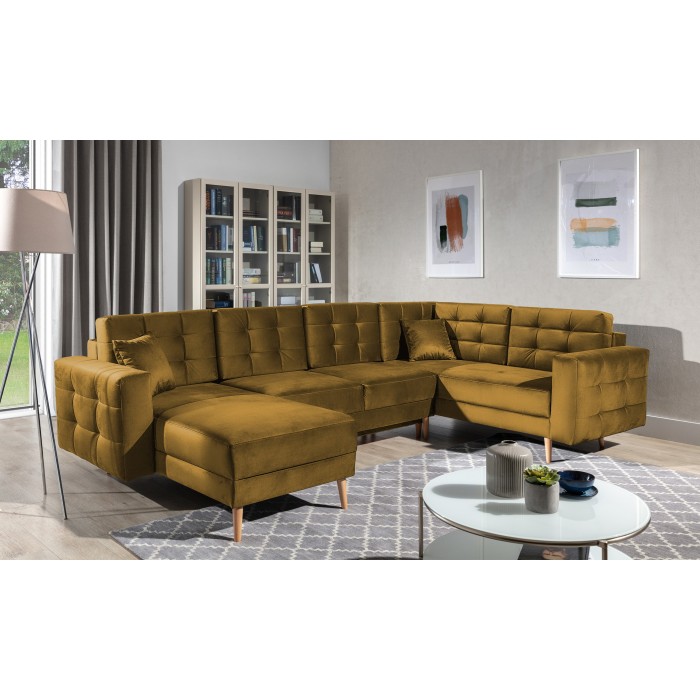 Canapé d’angle panoramique convertible U HASGARD 326 cm jaune velours avec coffre 