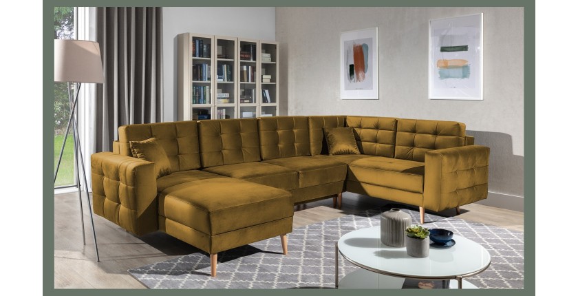 Canapé d’angle panoramique convertible U HASGARD 326 cm jaune velours avec coffre 