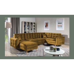 Canapé d’angle panoramique convertible U HASGARD 326 cm jaune velours avec coffre 