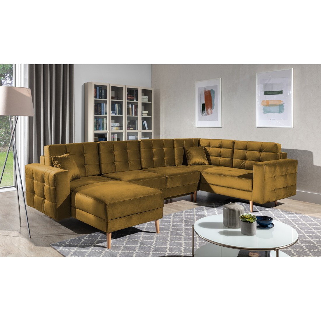 Canapé d’angle panoramique convertible U HASGARD 326 cm jaune velours avec coffre 