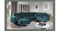 Canapé d’angle panoramique convertible U HASGARD 326 cm bleu canard velours avec coffre 